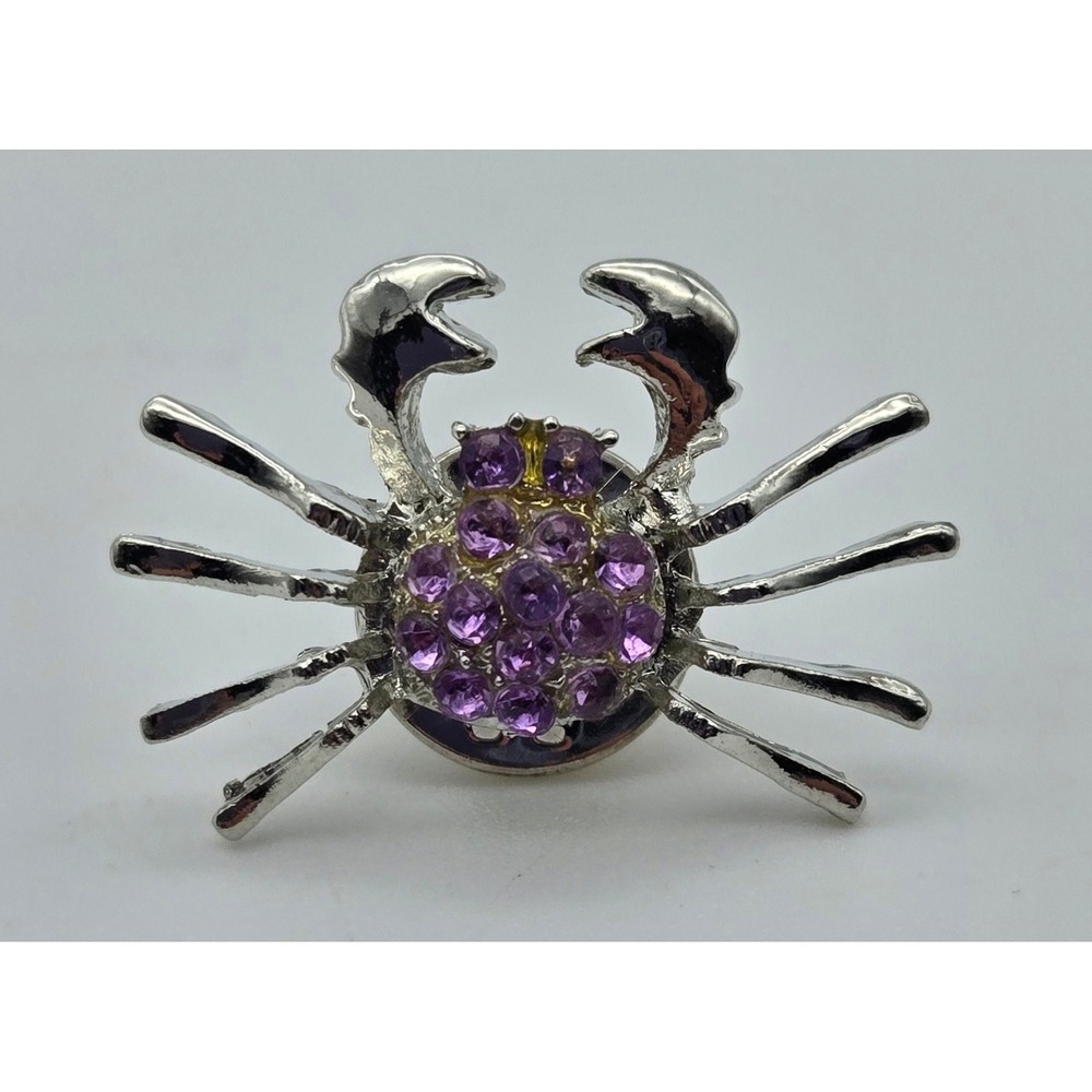 Crab Pin Brooch Silver Tone Purple Rhinestone Crustacean Nautical Jewelry